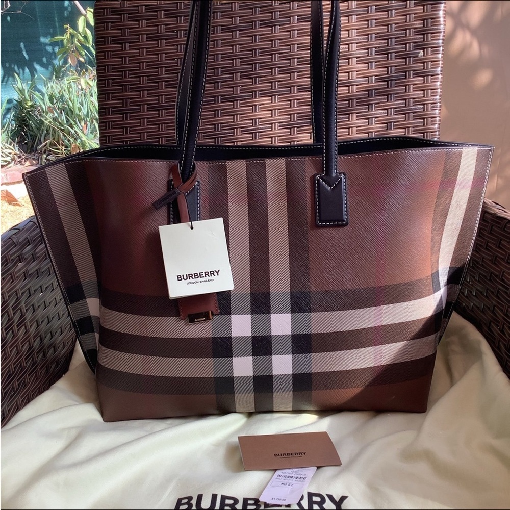 Burberry Brown Check Tote Bag with Leather Handles